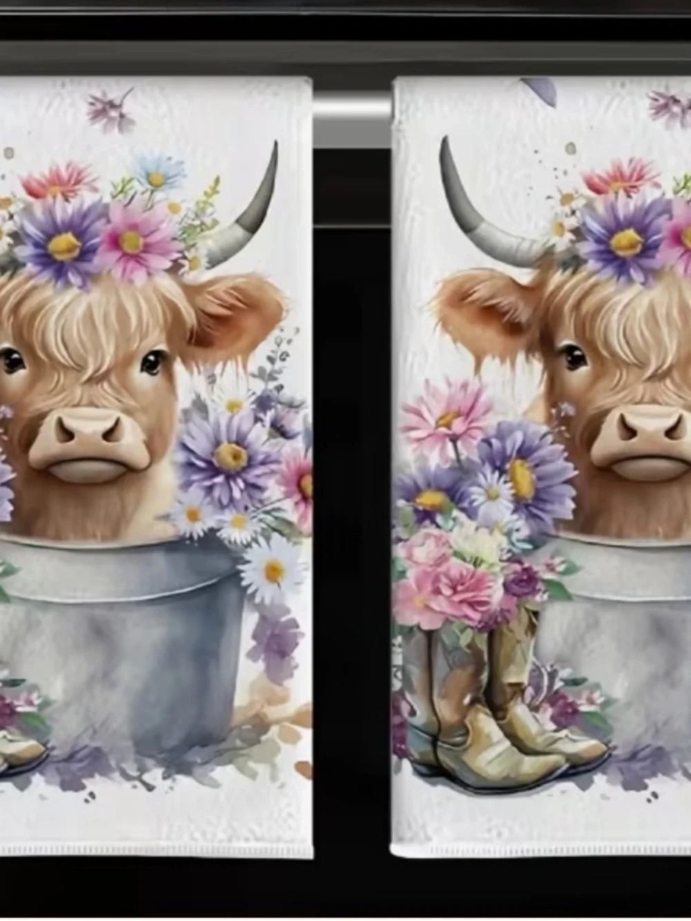 Floral Highland Cow Kitchen Towels Set of 2 - White with Pastel Flowers